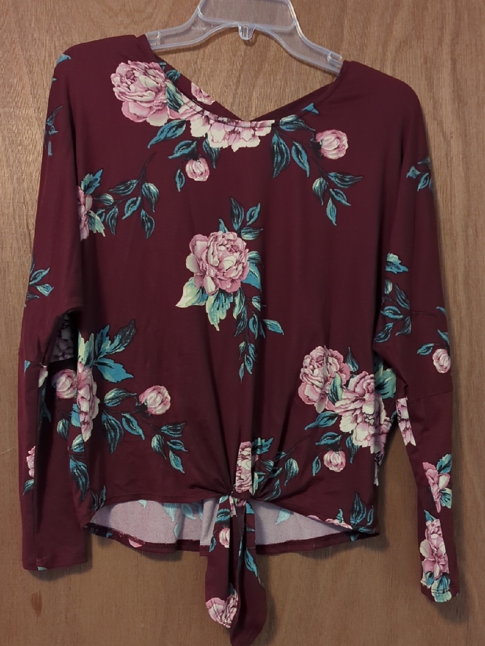 Women's Floral Tie-Front Long Sleeve Top - Burgundy